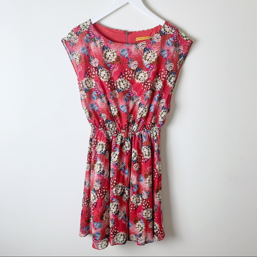 Alice & Olivia Floral Printed Red Silk Blend Dress